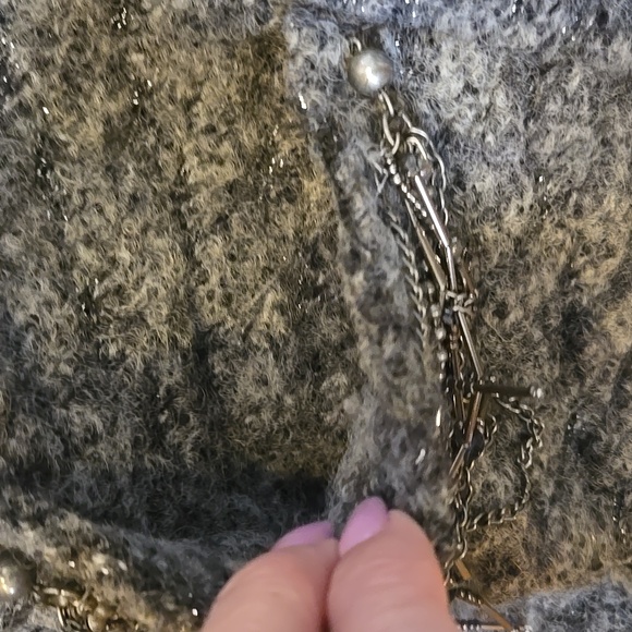 RARE Gray Metallic Accent Cardigan Sweater with Feather Accent Trim - Picture 15 of 16